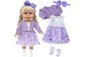 Xerteam 4 teilig Lila Puppenkleidung für 38-45cm Mädchen Puppe, Puppezubehör Mantel Puppen Kleider Socken Schmetterling Stirnband für 16-18 Zoll Baby Puppe, Puppensachen Set Geschenk Kinder