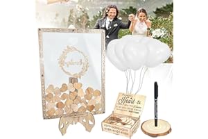 LANSKYLAN Libro degli Ospiti Matrimonio Cornice Legno per Libro degli Ospiti Libro degli Ospiti Personalizzato con 80 Cuori in Legno 20 Palloncini a Cuore 2 Pennarelli Scatola per Decorazione di Nozze