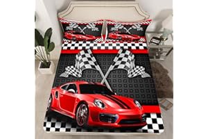 MANFEI Racing Car Fitted Sheet Single Size, Red Sports Car Bed Cover with 1 Pillowcase, Black White Checkered Flag Bedding Set 2pcs for Kids Teens Room Decor, Soft Polyester Bedding