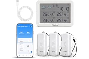 Chatthen WiFi Weather Stations with Outdoor Sensor Wireless UK, Temperature and Humidity Monitor with Date and Weather Forecast, 1 Screen Display and 3 Outdoor Sensors, Compatible with Alexa