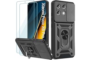 Yohii Funda Xiaomi Poco X6 Pro 5G 6.67", con 2 Piezas Vidrio Templado, Armor Carcasa Cubierta De Cámara Deslizante, 360 Anillo Soporte PC y Silicona TPU Bumper Antigolpes Case, Negro