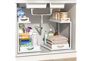 SUMAITech 2 Paquete Organizador bajo Fregadero Metal, 2 Niveles Estantería bajo Fregadero, Estante Organizador Extensible, Almacenaje Cocina, Blanco