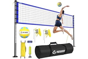 Patiassy Système de filet de volley-ball portable d'extérieur – Installation rapide et facile – Poteaux en acier à hauteur réglable – Ballon de volleyball en polyuréthane avec pompe et sac de