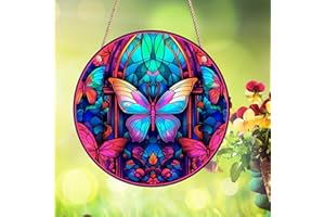 YEYERT Butterfly Valley Stained Windows Hanging Suncatcher,Flower Butterfly Stained Glass Suncatchers Window Ornament Glass Panel Sun Catcher Wall Hanging Decor Birthday Gift