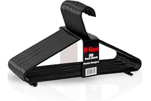 H-line (50 Pack) Black Adult Plastic Clothes Coat Hangers with Trouser Bar and Lips