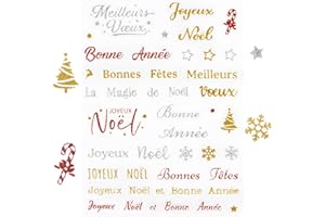 GEBETTER 5Feuilles 225Pcs Autocollant Noël Sticker Francais Joyeux Noël Motif Flocon de Neige Sapin Etoile Gommette Doré Argenté Rouge Décoration pour Carte Sac Cadeau Enveloppe