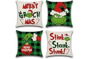 Ohok 4er Set Dekorativ Kissenbezug, Polyester Leinen Zierkissenbezüge Weihnachten Kissenbezüge Dekor Kissenhülle Set für Schlafzimmer Wohnzimmer Sofa Couch Auto (40x40 cm, Grün Plaid Grinch)
