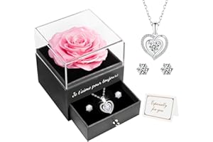 Miofula Rose Eternelle Idee Cadeau Femme, Fleurs Eternelles avec Argent 925 Collier Boucles d'oreilles Bijoux Cadeau Anniversaire Femme, Cadeau Maman Noël, Fete des Meres, Cadeau Saint Valentin Femmes