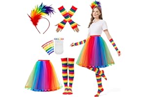 JONRRYIN Regenbogen Kostüm Damen, Tüllrock Regenbogen Damen, Regenbogen Rock Damen Tüll mit Bunt Feder Stirnband für Karnevalspartys und Mottoparty