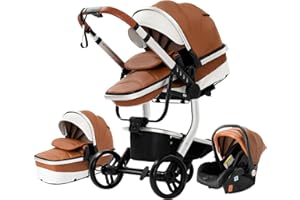 NADDLILY Cuero PU Carrito Bebe 3 en 1, Carrito Bebe con Diseño Portátil Plegable de Un Clic, Carro de Bebe 3 Piezas con Empuje Reversible Dos Vías, Cochecito Bebe 3 Piezas con Accesorios (518 Khaki)