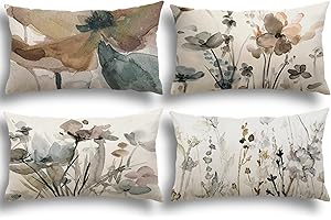 YCOLL Juego de 4 Fundas de Cojín de Lino 30x50 - Modernos Cojines de Sofá Con Pintura de Acuarela Floral - Funda de Almohada para Exteriores y Dormitorio