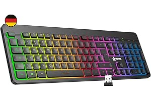 ‎KLIM KLIM Light V2 Gaming Tastatur Kabellos QWERTZ + NEU 2023 + flach, ergonomisch, dezent, wasserresistent + Beleuchtete Gaming Tastatur für PC Mac PS4 PS5 + Integrierter Akku mit Langer Lebensdauer