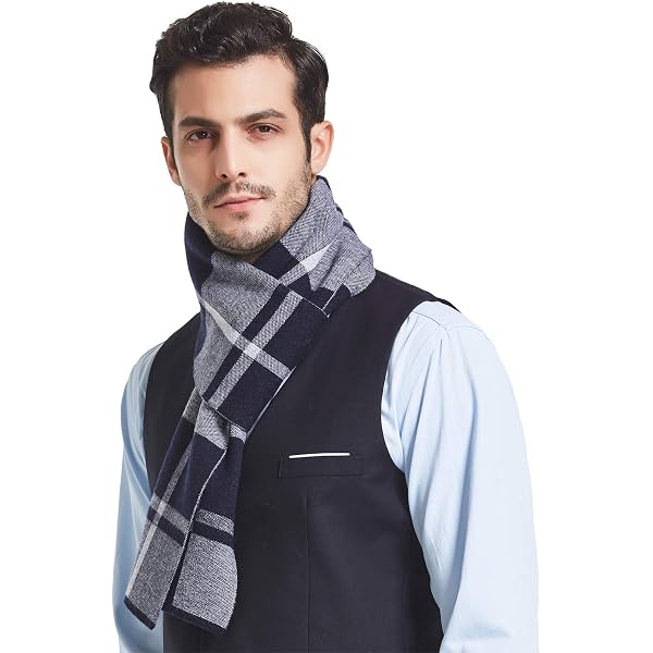Écharpe Longue En Coton Pour Homme – Motif Carreaux Bleu Gris, Franges – Cadeau Avec Boîte Luxueuse – Pour Automne/hiver, Occasions Diverses