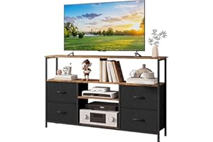 FORTHCAN Mobile TV, Tavolino Porta TV fino a 55 Pollici con 4 Cassetti in Tessuto e Mensola Regolabile, Supporto TV in Legno e Metallo, con Piedi Regolabili, Adatto per Soggiorno, Camera da Letto, Ufficio