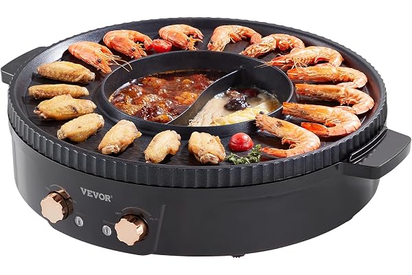 VEVOR Appareil à Fondue Chinoise avec Gril 2-en-1, Hot Pot Électrique 1800 W, Fondue Électrique avec Double Contrôle de Température Séparé, Poêle Antiadhésive, pour Barbecue Coréen Shabu Shabu Hotpot