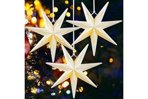 EASY JOY 3D Paper Star Lanterns, 7 Pointed 12 Inch Christmas Hanging Paper Decorations White LED Hollow Out Xmas Star Light Shade for Wedding Birthday Christmas Home Party Decorations
