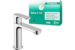 hansgrohe Rebris S - Rubinetto per lavabo con scarico a tirante, Miscelatore lavabo risparmio idrico (EcoSmart) con altezza bocca 109 mm, cromo, 72517000