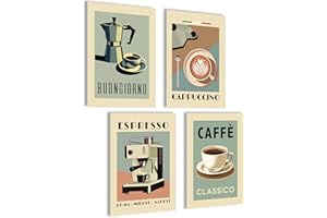 mojoliving Kaffee Poster Set 4er Set Wandbilder Küche Retro Vintage Stil Italienisch Espresso Cappuccino Caffe Classico Kunstdrucke Wanddeko Bar Café Deko Geschenk für Kaffeeliebhaber