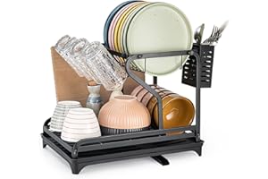 PNNP Ociekacz do naczyń, czarny stojak na naczynia ze stali nierdzewnej z tacką ociekową, organizer kuchenny, chowany o 360°, zdejmowany uchwyt na kubek, sztućce, deska do krojenia