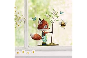 ‎ILKA PAREY WANDTATTOO-WELT Fensterbilder Fensterbild Fuchs Reh & Hasen mit Pusteblume Osterkorb Ostern wiederverwendbar Fensterdeko bf31 - ausgewählte Farbe: *bunt* ausgewählte Größe: *9. Fuchs pflanzt Baum*