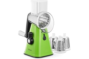 Yabano Rotary Cheese Grater, Vegetable Slicer with 3 Replaceable Stainless Steel Drum Blades, Cheese Shredder with Handle, Easy to Clean Grater for Fruit, Vegetables, Nuts, Green