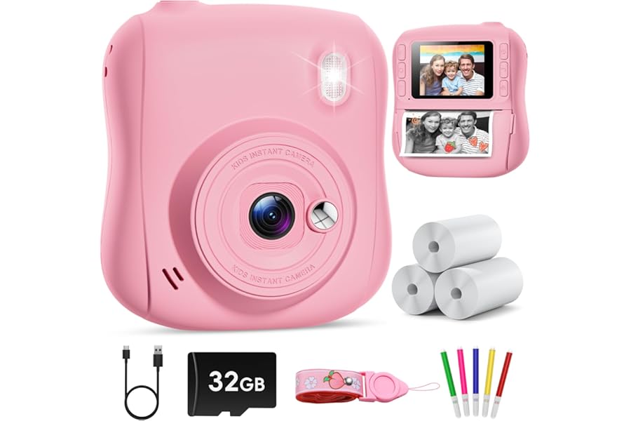 Hangrui Kids Camera Instant Print, HD Instant Camera for Kids with 32GB Card & Print Paper, 14MP 1080P Kids' Digital Cameras, Christmas Birthday Gifts Toy for Girls & Boys Aged 3-10 -Pink