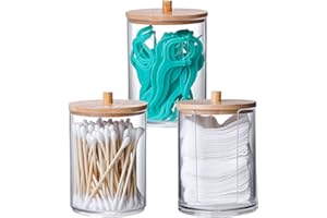 INCETUE 3PCS Cotton Pad Holder with Bamboo Lid for Bathroom Storage, Acrylic Cotton Swab Dispenser, Clear Round Cotton Wool Bud Jar for Vanity, Small Qtip Container, Makeup Organiser Set