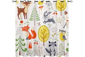YUANZU Kids Woodland Curtains, Forest Animal Zoo Cute Cartoon Nursery Funny Art 3D Pattern Eyelet Printed Bedroom Playroom Window Drapes Blackout Fabric, 2 Panels W75cm (29.5") x D166cm (65")