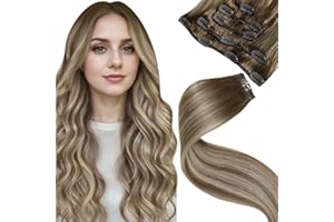 LaaVoo Extensions Clip Balayage Rubio Extensiones Pelo Natural Clip Rubio Ombre Marrón Claro Extensiones de Clip de Pelo Natural Remy Cabello Humano 5piezas/70g 30cm/12Pulgadas #8/60/8