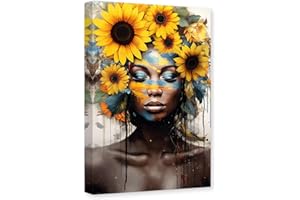 CXHOSTENT Afroamerikanische Leinwand-Wandkunst Gelbe Sonnenblume Auf Schwarzem Frauenkopf Bilder Schwarzes Mädchen Gemälde Druck Rahmen (Afroamerikaner - 2, 60.00 x 90.00 cms)