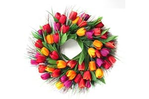 YEENEE Door Wreath, Artificial Flowers Tulip Wreath - Four Seasons Front Door Decor with Tulip and Green Leaves, for Front Door Living Room Wall Garden Wedding Festival Decor(45cm, Red)