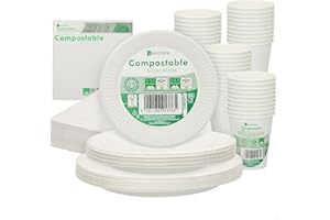 AKTIVE 71346, Procos Vajilla desechable ecológica y biodegradable, Papel, Blanco, 20 platos desechables grandes +20 platos pequeños +20 platos cuadrados +20 vasos desechables +40 servilletas,