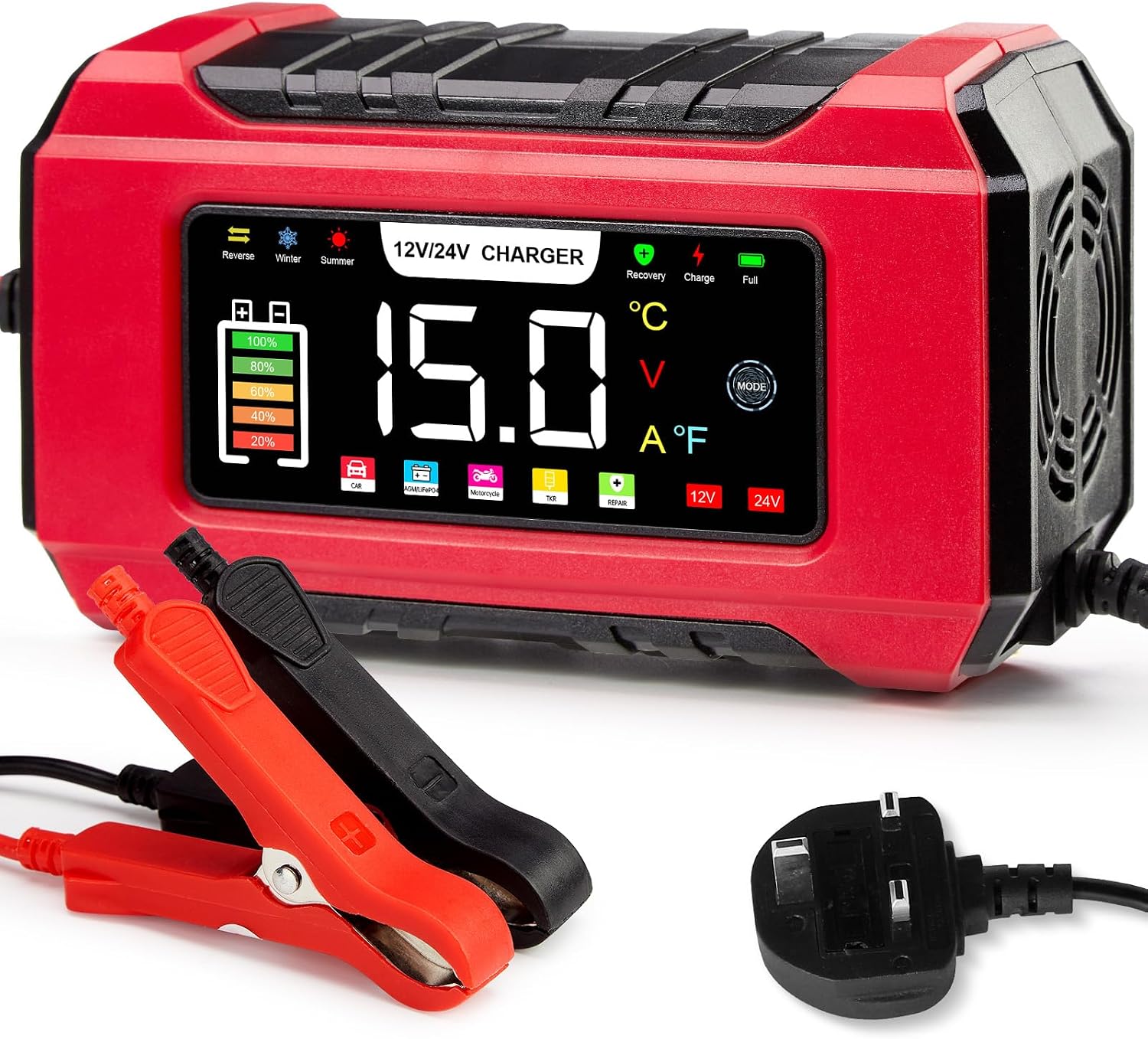 15-Amp Car Battery Charger 12V/24V, Aptliton Intelligent Car Battery Charger with 9-Stage Charging, LCD Display For Car, Truck, Motorbike, Boat - Compatible with Lead-Acid, AGM, EFB, LiFePO4 Batteries