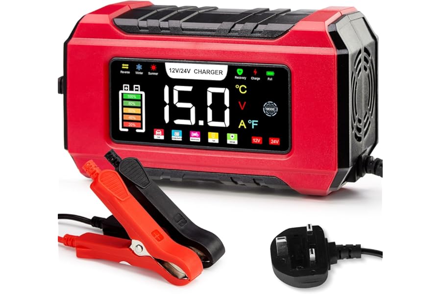 15-Amp Car Battery Charger 12V/24V, Aptliton Intelligent Car Battery Charger with 9-Stage Charging, LCD Display For Car, Truck, Motorbike, Boat - Compatible with Lead-Acid, AGM, EFB, LiFePO4 Batteries