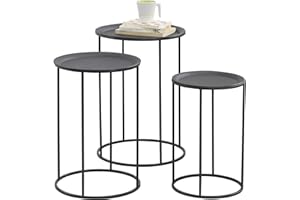 [en.casa] Set da 3 Tavolini da Salotto con Piano Tondo in 3 Misure Diverse Tavolini d'Appoggio in Metallo - Nero