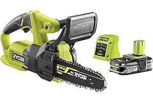 Ryobi Kompaktowa Piła Łańcuchowa 18V RY18CS20A-125, Prowadnica 20 cm, Prędkość 4.6 m/s, Wydajność Cięcia 15 cm, Ręczne Napinanie Łańcucha, Zestaw Zawiera Akumulator 2.5 Ah i Ładowarkę
