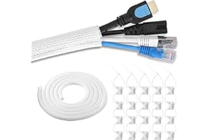 ORMROMRA Cable Tidy Sleeve, Diameter 8-20mm with 20Pcs Cable Ties & 20Pcs Self Adhesive Mount Base Holder, Braided Cable Sleeve Split& Self-wrap Sleeving for TV PC Home (White)