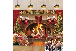 APDECCLK Christmas Fireplace Backdrop Vintage Red Bow Christmas Tree Photography Background for Xmas Family Party Decoration Supplies Studio Booth Props (7X5FT (210x150cm))