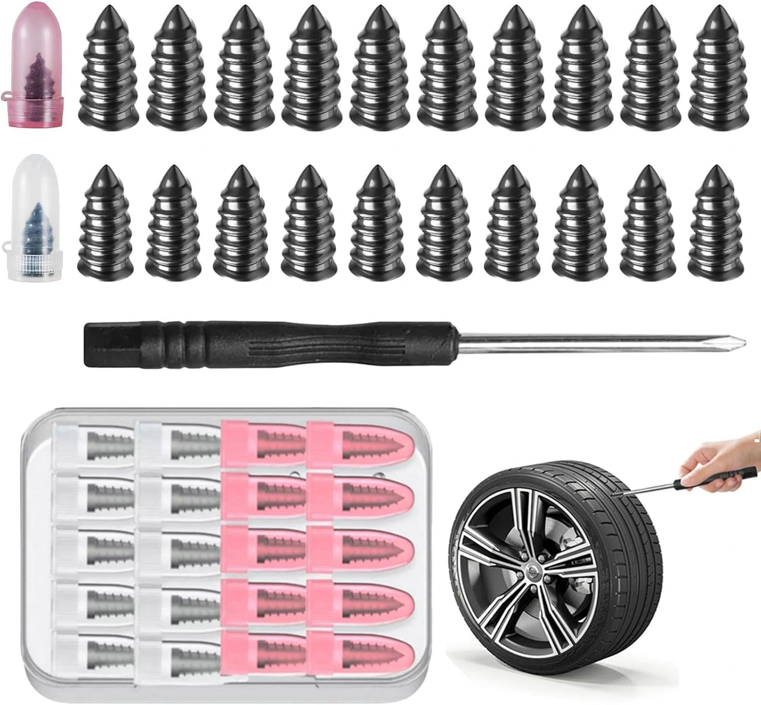 VOOSFSIE 20 Piezas Repara Pinchazos Coche, 2 Dimensiones Clavo de Goma para Neumáticos, Con Caja y Destornillador, Clavos de Reparación de Neumáticos al Vacío, para Automóvil Motocicleta Camión