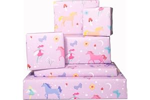 Central 23 - Papel de regalo de hadas y unicornios - 6 hojas de papel de regalo místico para niñas - Linda mariposa y flores para ella - Papel de regalo de cumpleaños rosa y morado - Reciclable