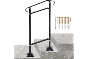 VEVOR Wrought Iron Handrail, Fit 1 or 2 Steps Outdoor Stair Railing, Adjustable Front Porch Hand Rail, Black Transitional Hand Railings for Concrete Steps or Wooden Stairs with Installation Kit