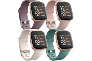 Ouwegaga Pack 4 Silicone Sport Replacement Strap Compatible with Fitbit Versa Strap/Fitbit Versa Lite Strap/Fitbit Versa 2 Strap, Women Men Small Starlight/Nude Pink/Pinegreen/Smoke Violet