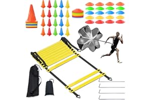 niuniaj Football Entrainement Kit,Ensemble D'entraînement de Vitesse et D'agilité Échelle de D'agilité 6M,20Cônes de Marqueurs,20 Plots Entrainement,4Clous de Fixation,1parachute de résistance