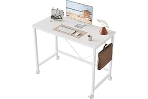 Mericonia 100 cm Computer Desk With Wheels, Gaming Desk for Small Spaces, Modern Simple Style Desk for Home Office, Study Student Writing Desk, White