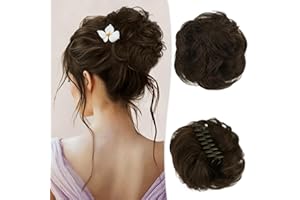 RUWISS Chignon Postiche Cheveux avec Pince à Griffes Chouchou Postiche 100% Cheveux Humains Ondulés Bouclés Queue de Cheval Extensions de Cheveux Naturels à Clips Chignon pour Femmes, Brun Naturel