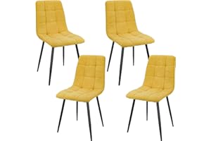 JIJIAN Set of 4 Dining Chairs, Linen Kitchen Chair, Living Room Chairs with Upholstered Seat Backrest and Sturdy Black Metal Legs, Checkerboard Pattern (Yellow)