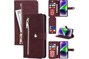 SailorTech Lederhülle für iPhone 14 Klappbare Handyhülle Reißverschluss Brieftasche Geldbörse Hülle mit Kartenhalter Handschlaufe Magnetschnalle Telefon Schutzhüllen Weinrot