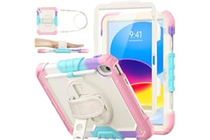 SEYMAC stock Case for iPad A16 11th/10th Generation (11/10.9 Inch) 2025/2022, Heavy Duty Shockproof with Screen Protector, 360° Rotating Stand/Hand Strap, Pencil Holder & Shoulder Strap, Pink+Beige