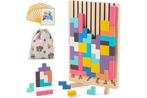 GEZIMETIE Holzpuzzle Tetris, Montessori Lernspielzeug 3 4 5 6 Jahre, 3D Stapelpuzzle Bunt Farben Formen Sortieren Stecken, Geometrie Puzzle, Gehirn Spielzeug Geschenk für Kinder Bags with Drawstring