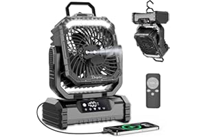 OUTACT Ventilatore Campeggio con Luce LED, 20000mAh Ventilatore Nebulizzatore Portatile Ricaricabile con Gancio e Telecomando, Ventilatore USB Scrivania per Esterno Tenda Spiaggia Allaperto - Nero
